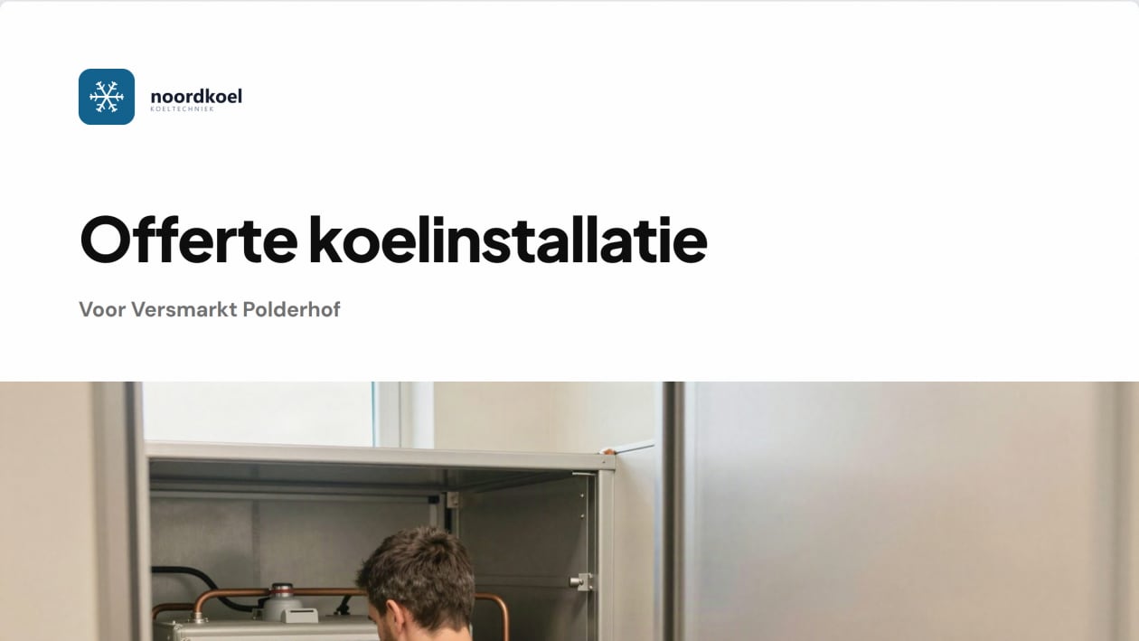 De offerte koelinstallatie voor Versmarkt Polderhof uit de Noordkoel-demo, met het logo van het bedrijf en een foto van een monteur aan het werk. Alle namen zijn fictief.