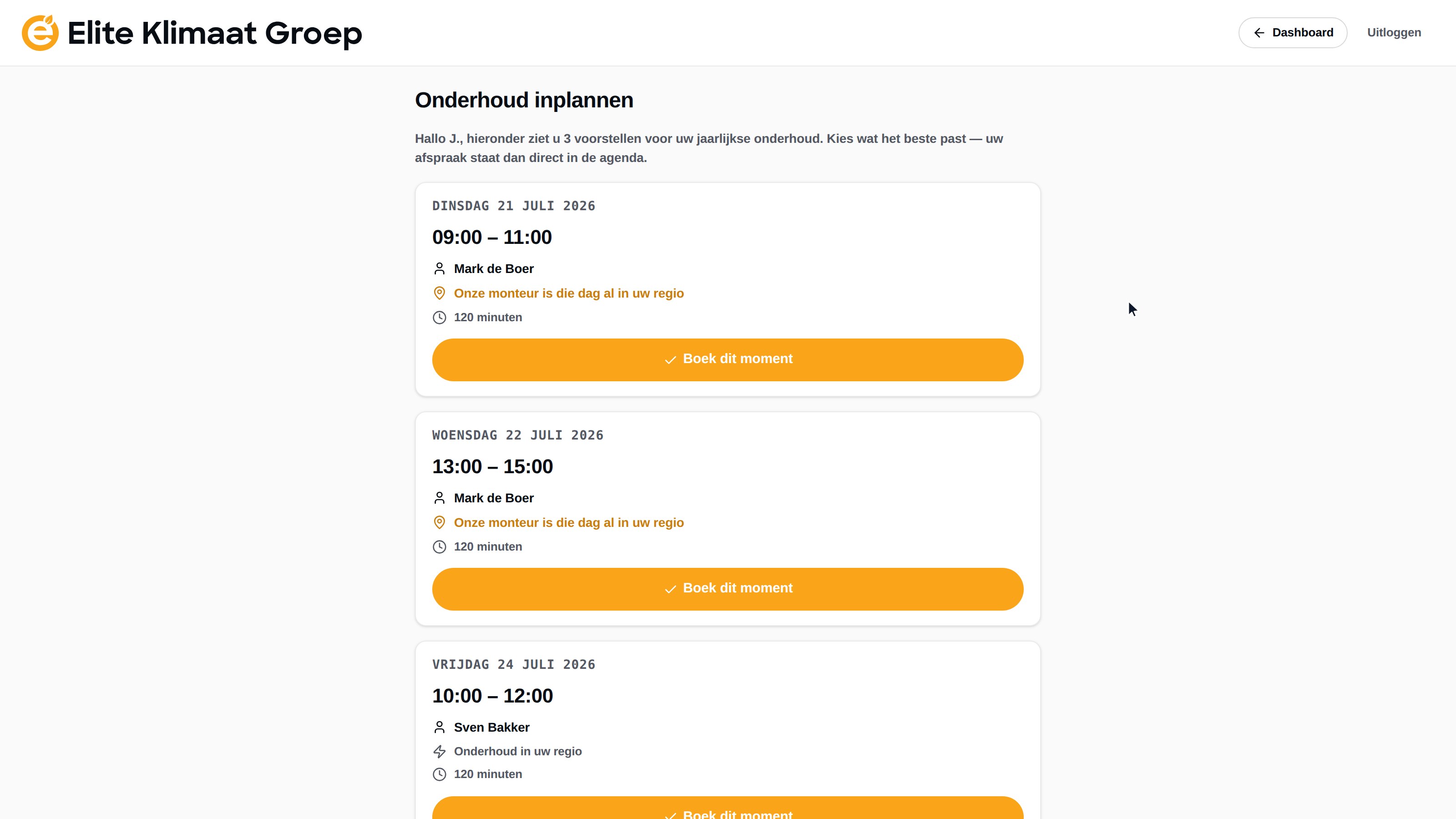 De boekflow in het klantportaal van Elite Klimaat: vanaf het dashboard naar drie onderhoudsvoorstellen op momenten dat de monteur toch al in de regio is, dan één klik op boeken en de bevestiging.